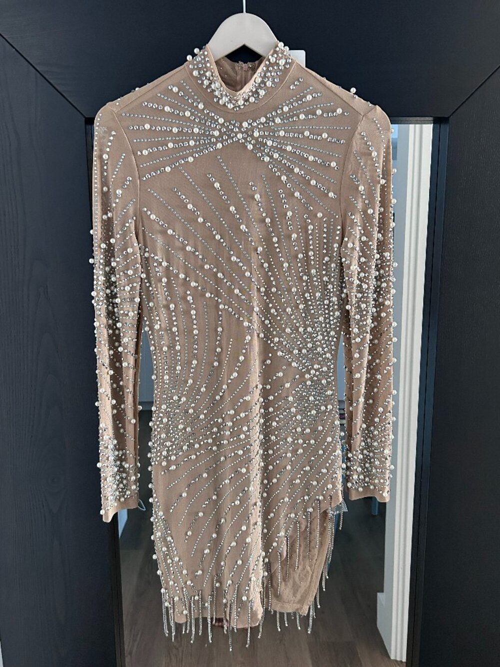 Nude Pearl Beaded Rhinestone Bodycon Dress